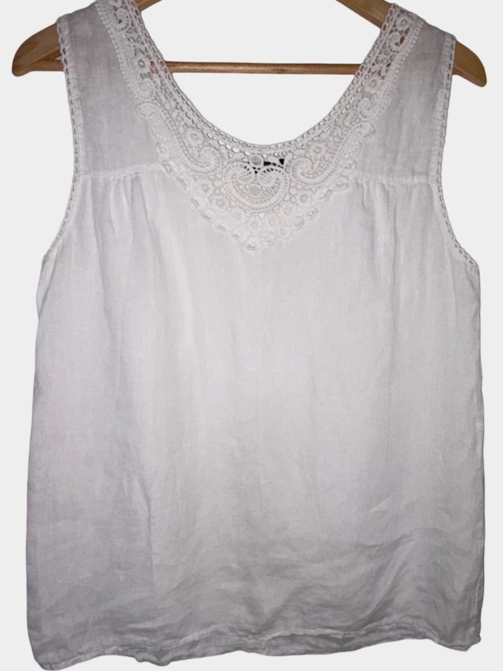 Lungo L'Arno White Italian Linen Cotton Lace Feminine Summer Sleeveless Top-Sz-L